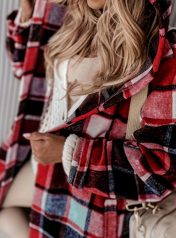 Women's Plaid Hooded Coat With Pocket Detail