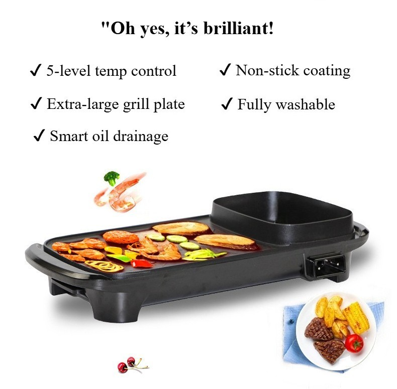 2in1 Electric Hot Pot Barbecue Grill Non-Stick Teppanyaki Pan Rectangular Cooker — foto 9