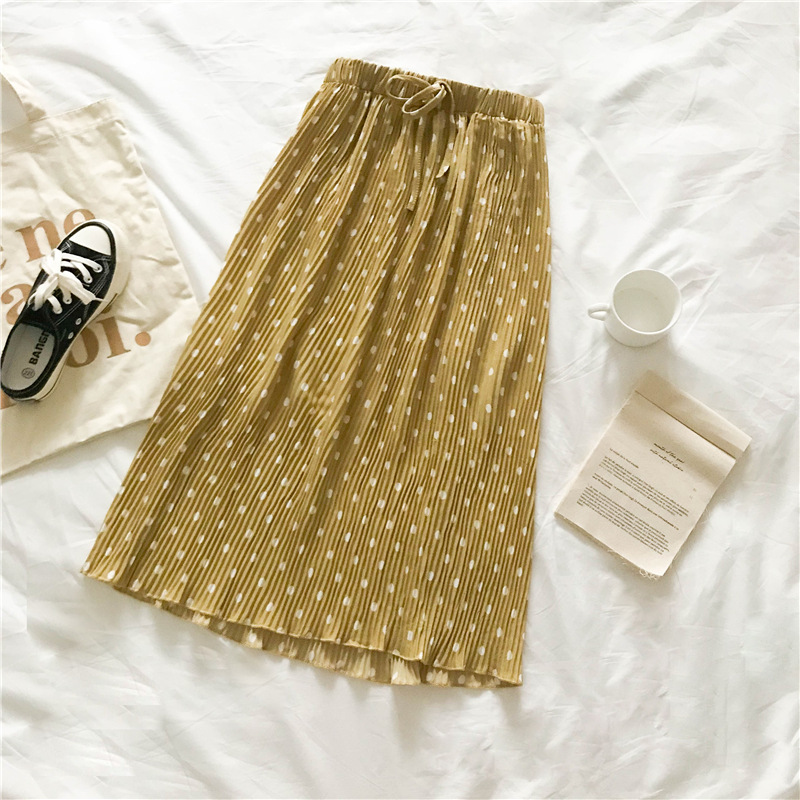 Mid-length Polka-dot Skirt All-match Slimming Mid-length Lace-up Pleated