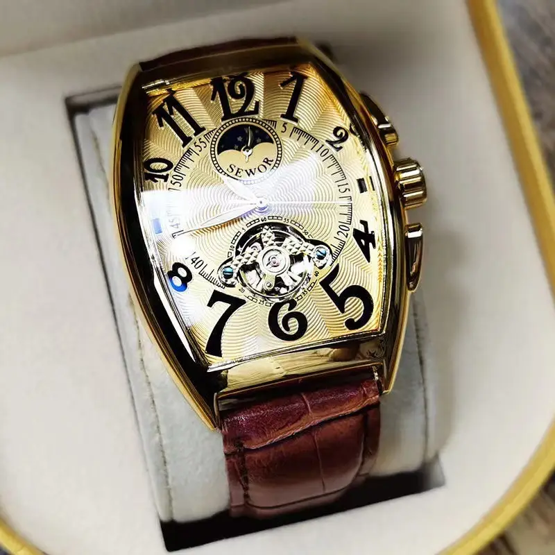 Men's Waterproof Tonneau-shaped Hollow Belt Watch