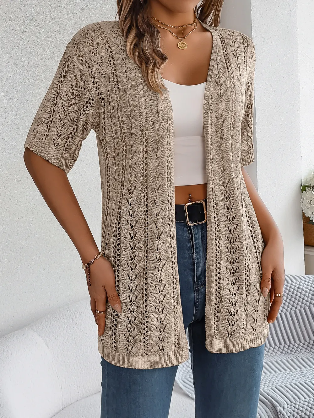 Women S Solid Color Hollow Out Short Sleeve Knit Cardigan Cover-Up