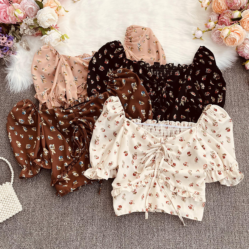 Summer New Style Korean Chiffon Shirt Wooden Ear Lace Short-sleeved Top