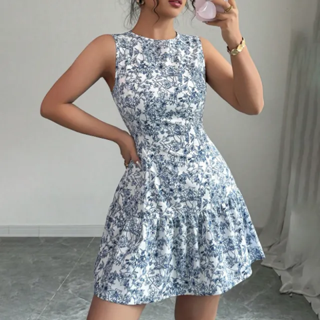 Women's Elegant Floral Print A Line Mini Dress Sleeveless Casual Cocktail & Party Dress Blue - Shop at LoveMi
