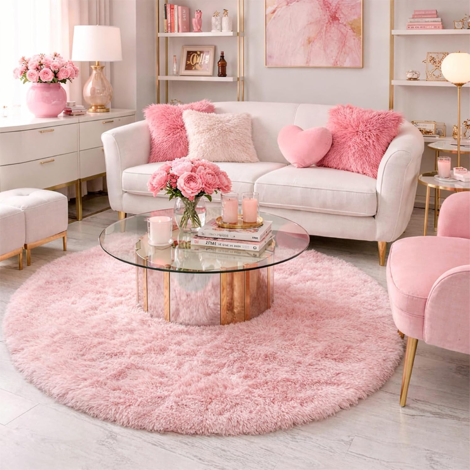 Circle Round Fluffy Area Rug 4Ft For Girls Bedroom Kids Room 3