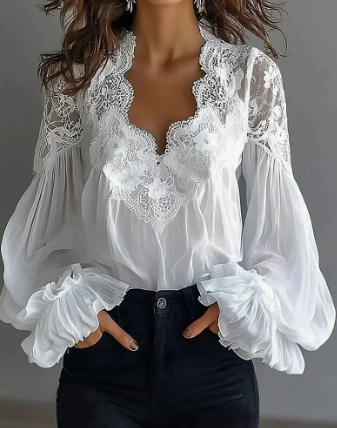 Women's Lace-trimmed Puff-sleeved Pleated Shirt
