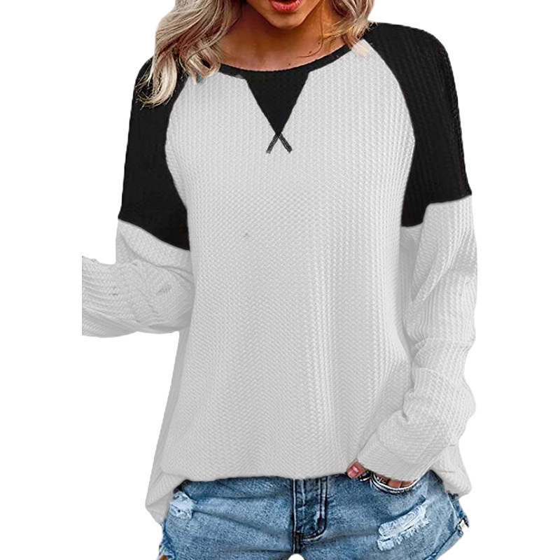 Waffle Stitching Long-sleeved Round Neck T-shirt Top Cross-border Women