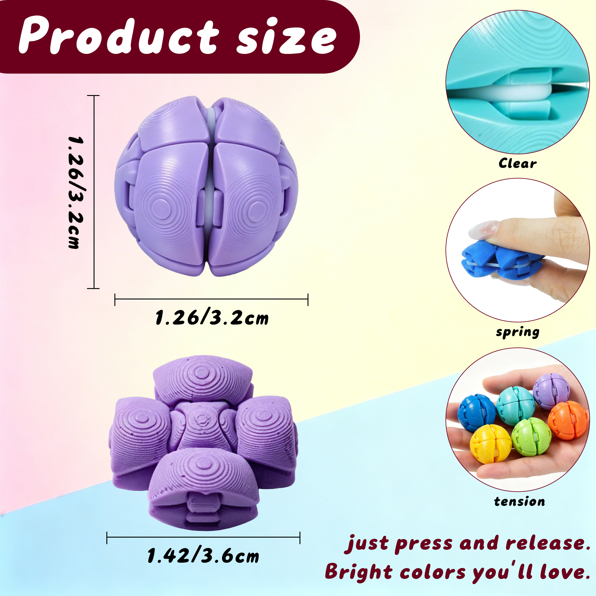 9PCS 3D Printed Fidget Balls, Colorful Stress Relief Sensory Toys With Elastic Bands, Push Pull Decompression Balls For Adults And Teens — view 2