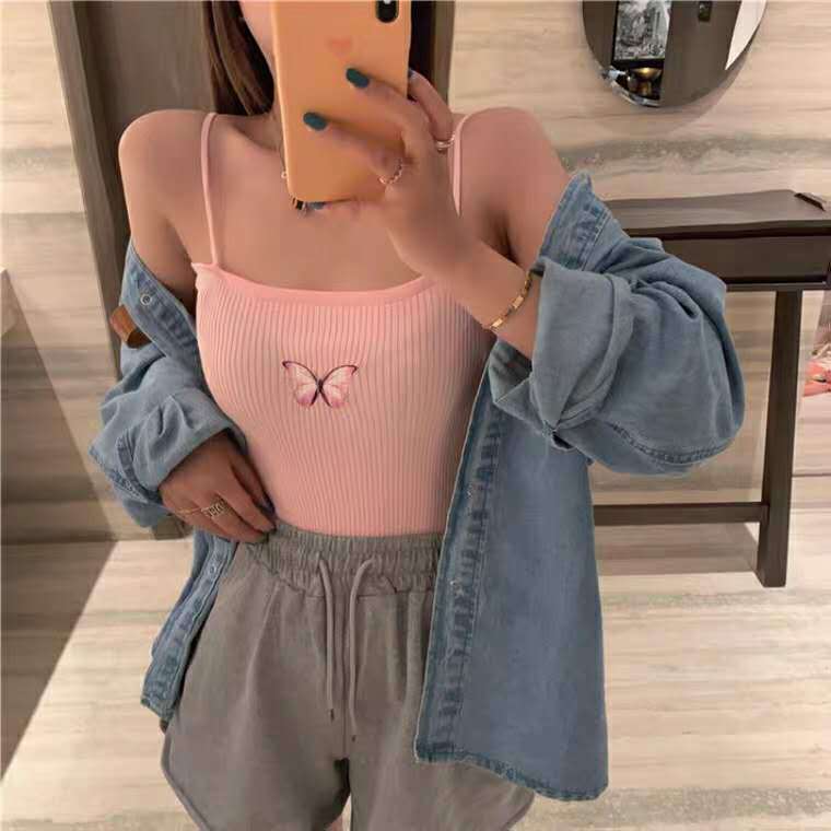 Knitted Sling Vest Women's Outer Wear Bottoming Shirt Short Butterfly Print Top