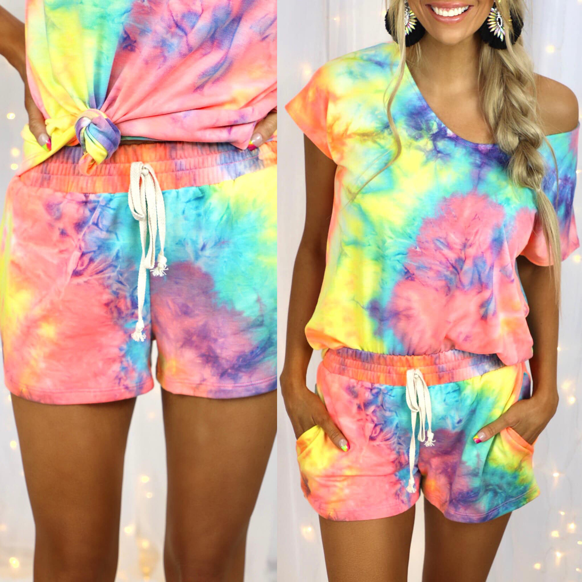 Tie-Dye Printed Short-Sleeved Round Neck Casual Homewear Suit