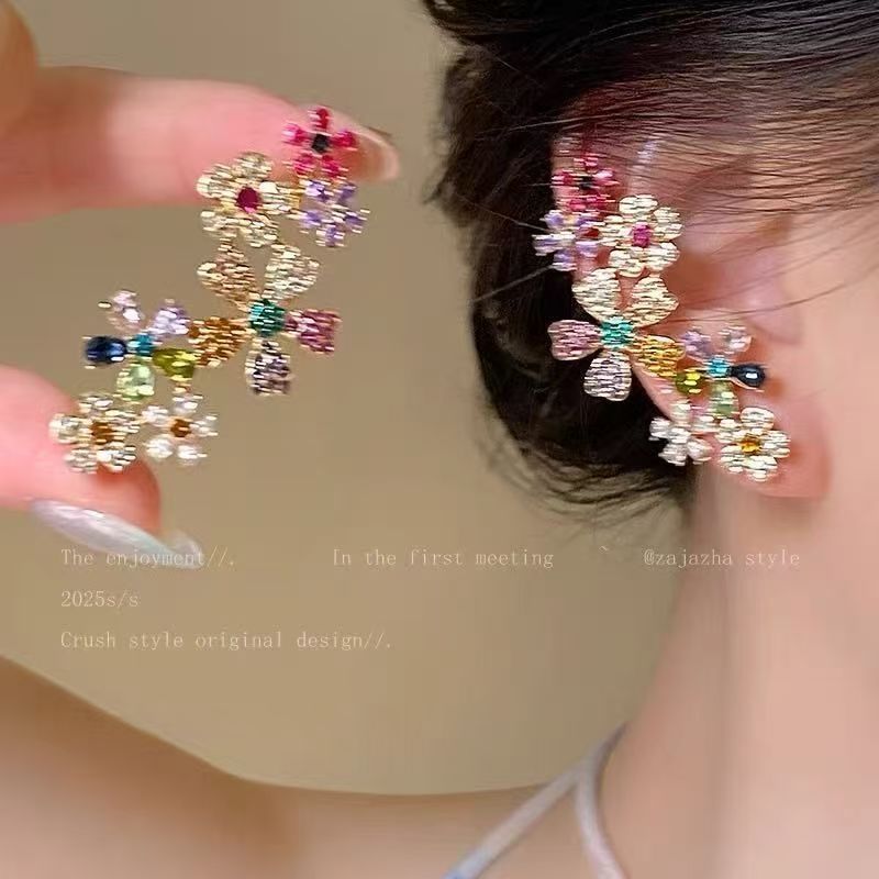Dopamine Color Block Flower Earrings, Luxury Niche Design Ear Cuffs, Bold Stylish Jewelry