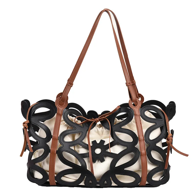 Hollow Design Ins Western Style One-shoulder Portable Bucket Bag - Black