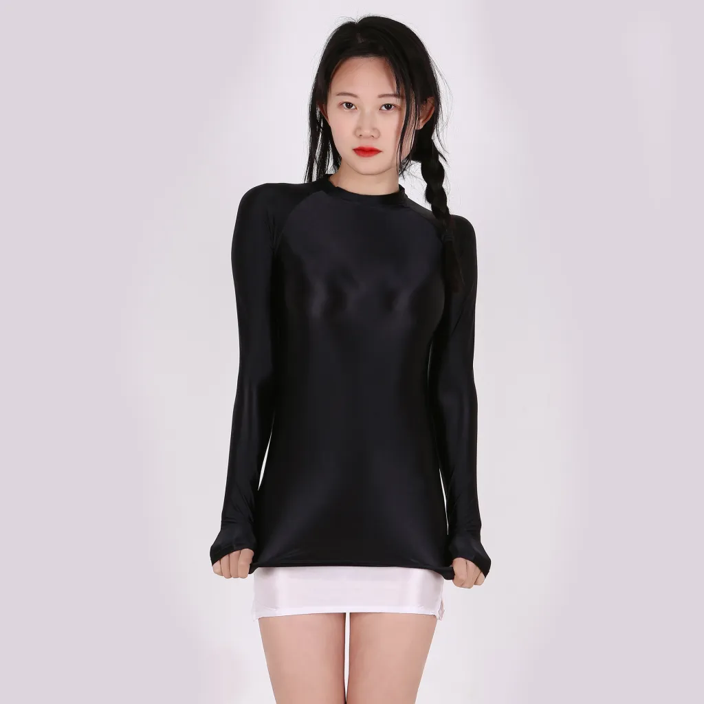 Fashion Bright Shiny Tights Slim T-shirt Sexy Transparent - Black