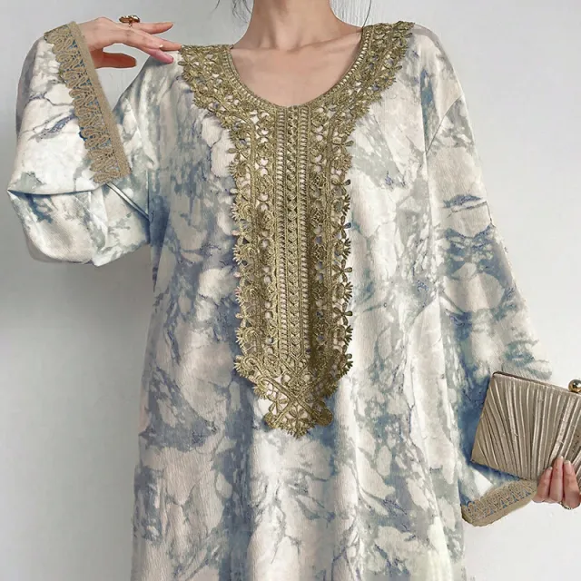 Women's Bohemian Embroidered Printed V Neck Maxi Dress, Long Sleeve Loose Fit Casual Plus Size Dress White - Shop at LoveMi