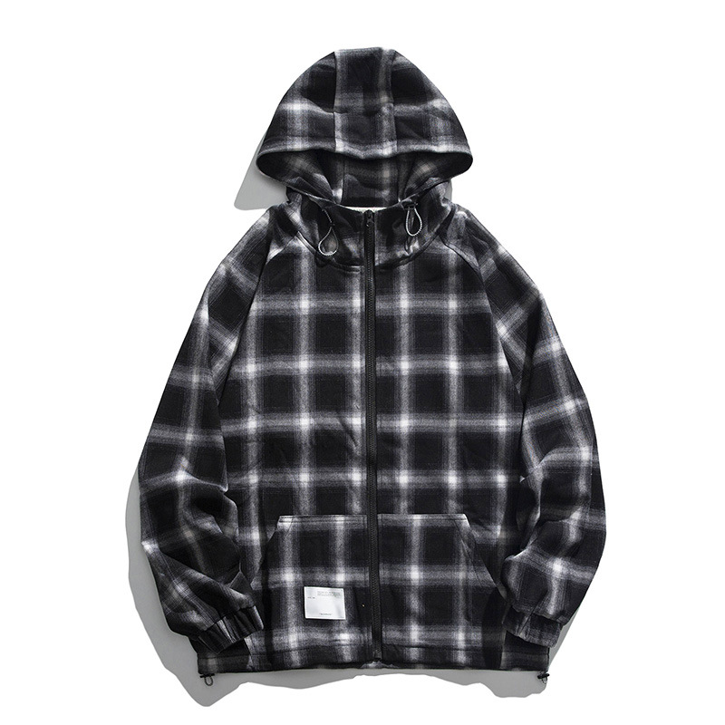 Plaid Hooded Zipper Sweater Handsome For Casual Hong Kong Style