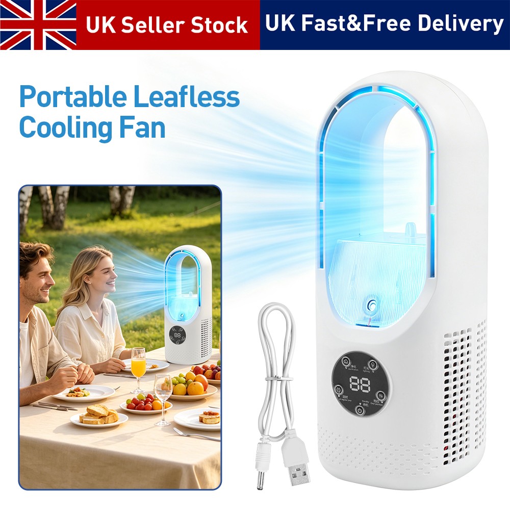 Portable Bladeless Air Cooler Fan 6 Speed Silent Desk Fan With Humidifier, Timer & Colourful Lights, USB Mini Air Conditioner 10