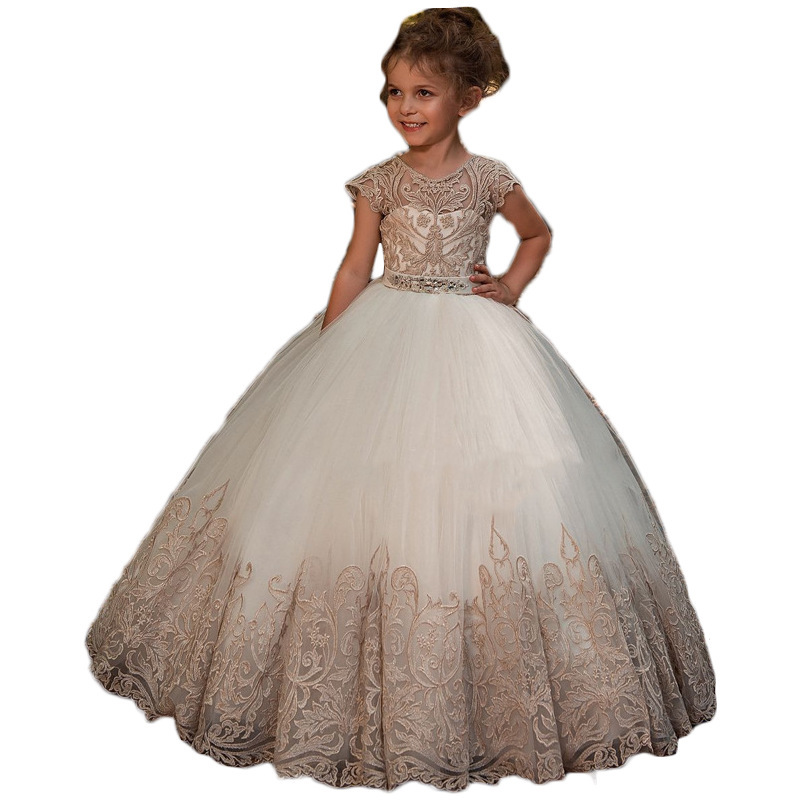 Girls' Fluffy Yarn Long-sleeved Show Evening Dress