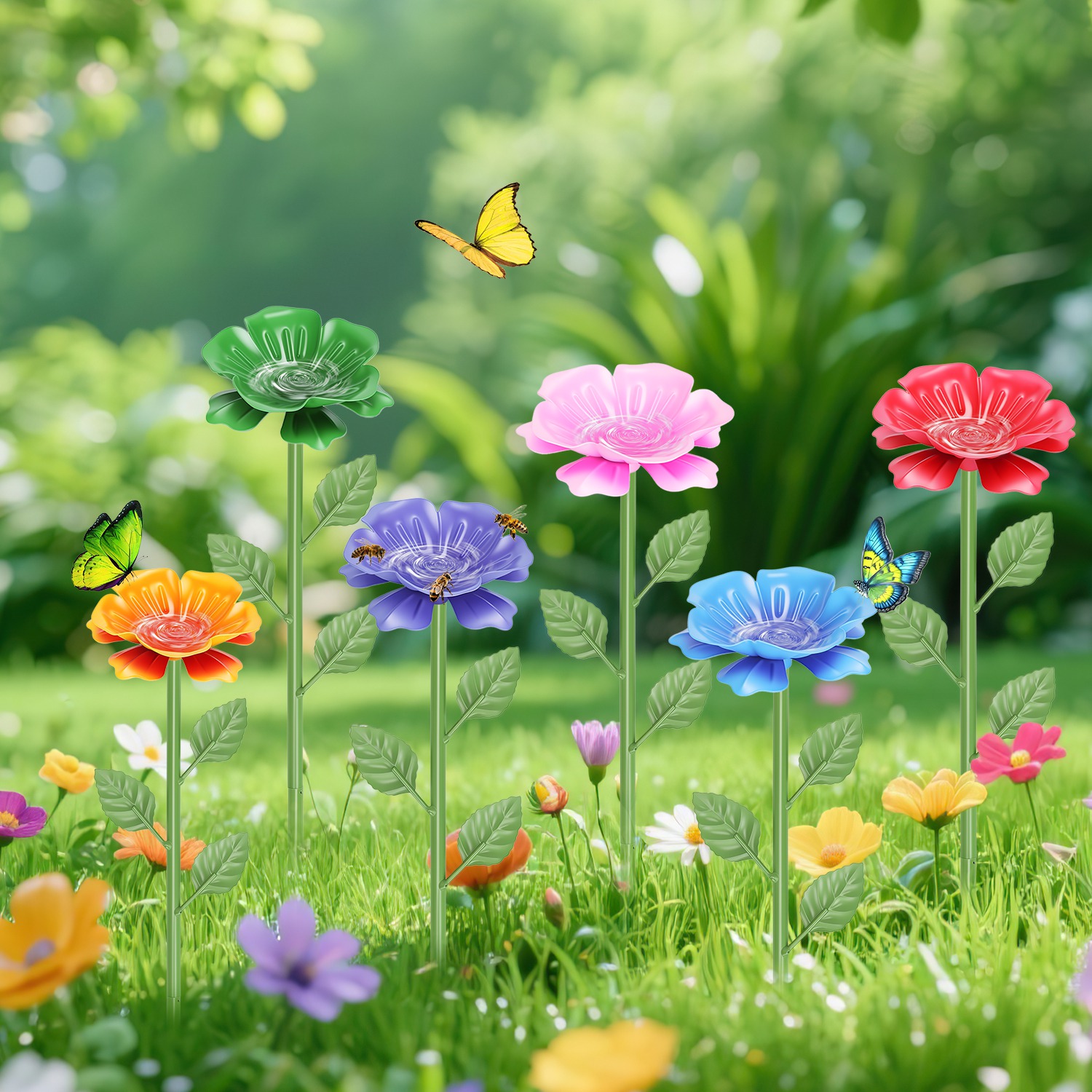 6Pack Metal Bee Watering Stations, Anti-Drowning Bee Butterfly Feeders Pollinator Stakes With Artificial Flowers For Outdoor Garden Courtyard Decor