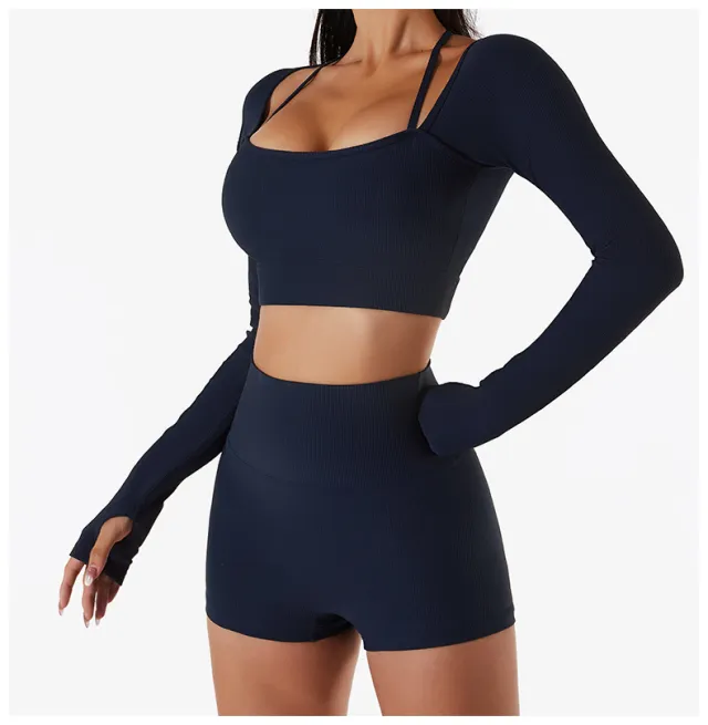 New Women's Long Sleeve Tight Yoga Top Badge Blue Top - Shop at LoveMi