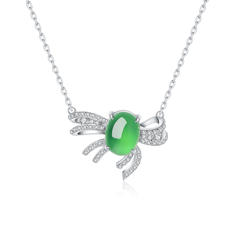 S925 Sterling Silver Necklace, 9x7mm Cabochon Green Chrysoprase Bowknot Pendant, Platinum Plated 3.1g, 45cm Chain, Elegant Women's Jewelry Gift Set