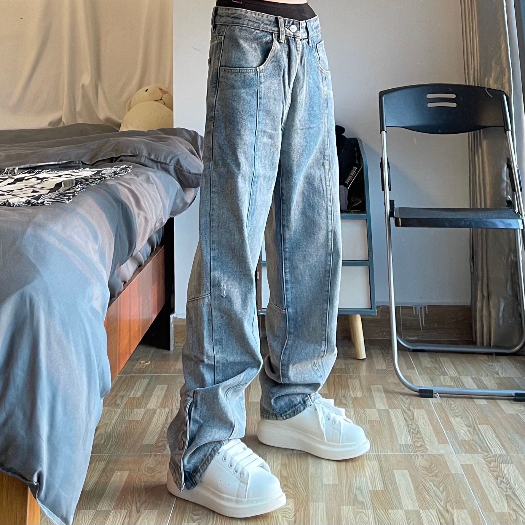 European And American High Street Fashion Brand Embroidery Breasted Jeans Men's Vibe Style Blue Loose-fitting Hip Hop Fried Street Casual Trousers Fashion