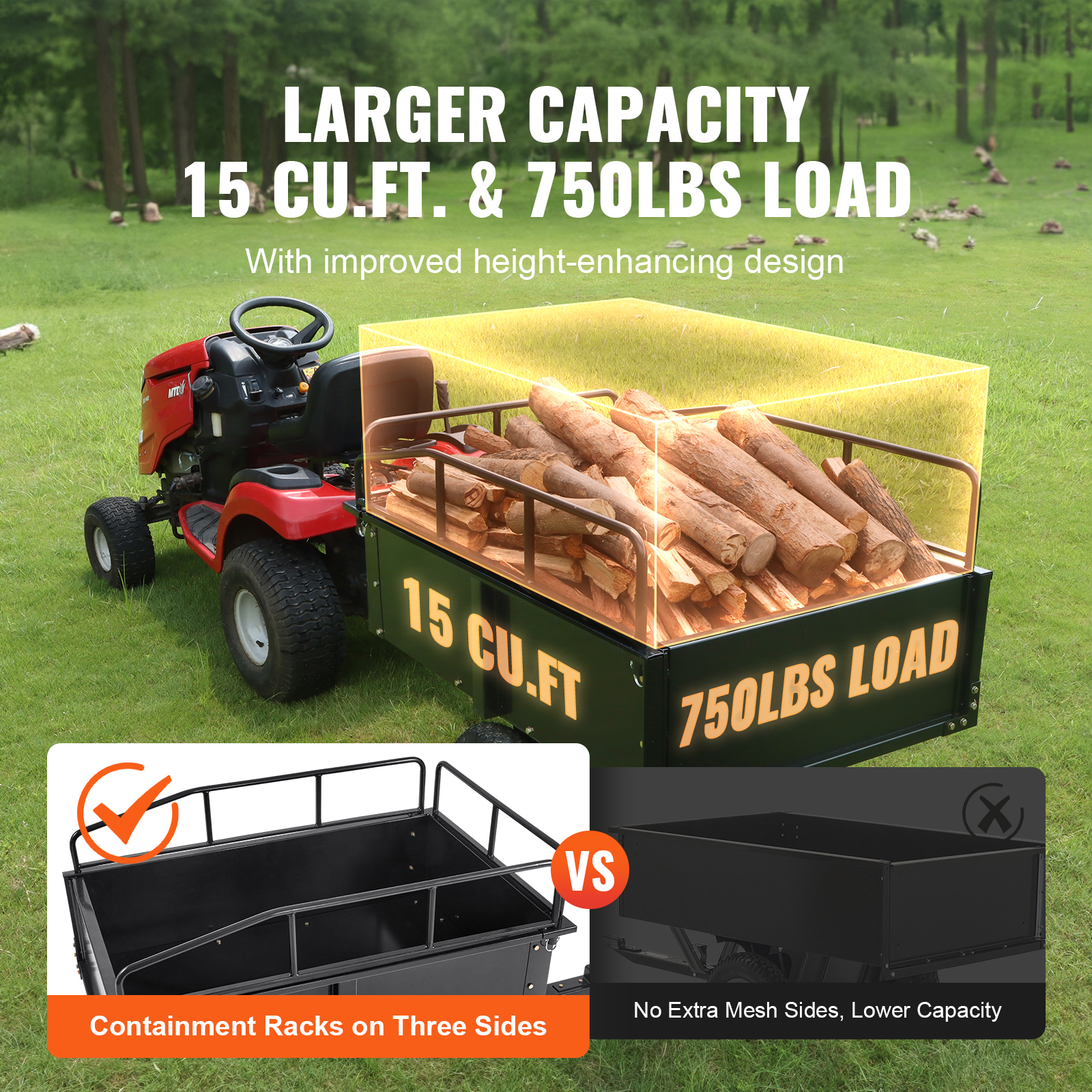 VEVOR Heavy Duty ATV Trailer Steel Dump Cart, 750-Pound 15 Cubic Feet, Garden Utility Trailer With Removable Sides For Riding Lawn Mower Tractor image 2