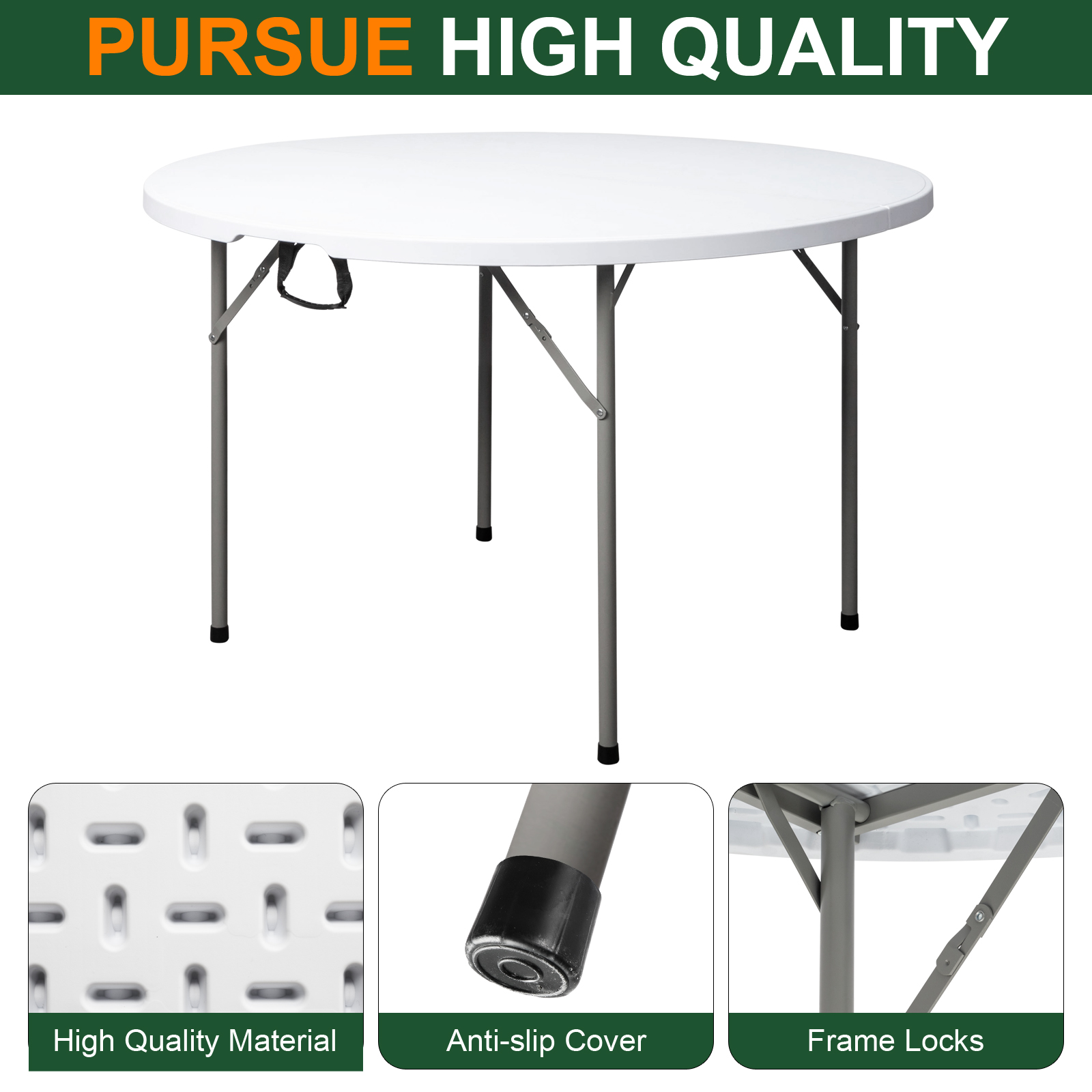 48-Inch Round Folding Utility Table – Heavy-Duty Portable Dining Table with Carrying Handle for Parties, Picnics and Outdoor Events