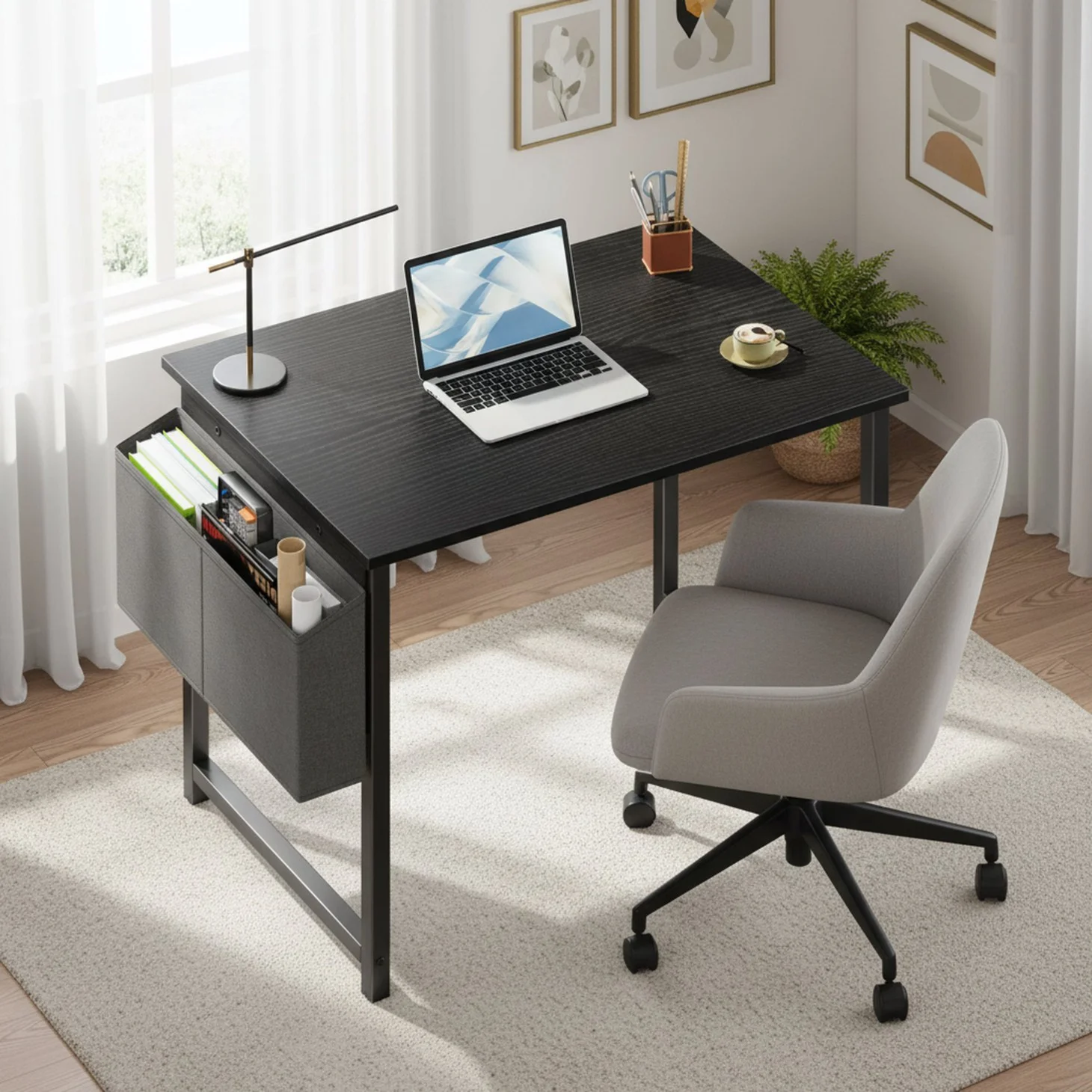 Small Office Desk For A Small Space, With Storage Bags And Hooks On The Computer Desk