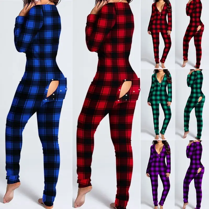 V-Neck Plaid Digital Print Long Sleeve Jumpsuit Women's