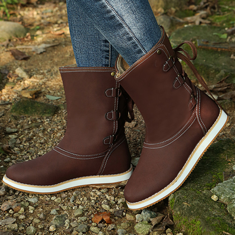 Low Heel Platform Boots Back Lace up Shoes Women Cowgirl Boots Coffee - Shop at LoveMi