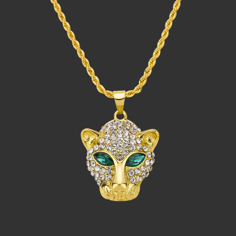 Leopard Head Pendant Necklace with Crystal Stones and Rope Chain