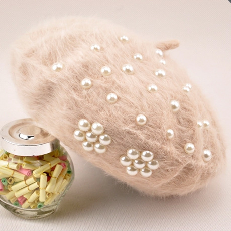 Women's Winter Korean Hats Trendy Pearl Rabbit Fur Beige - Shop at LoveMi