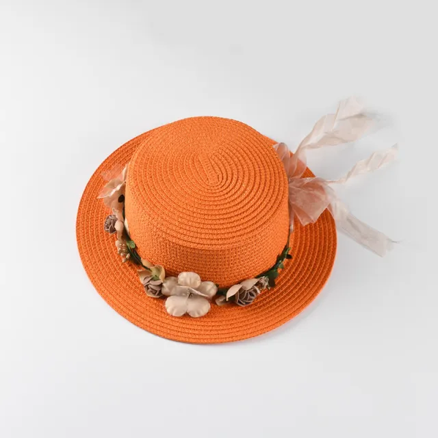 Spring And Summer New Style Flat Top Wreath Ladies Short Brim Hat Orange - Shop at LoveMi