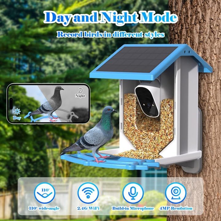 Smart Bird Feeder With Camera Solar Powered WiFi 4MP Live Camera AI Identify Bird Species Auto Capture Garden Bird Watching Motion Detection Ideal Gift For Bird Lovers Blue