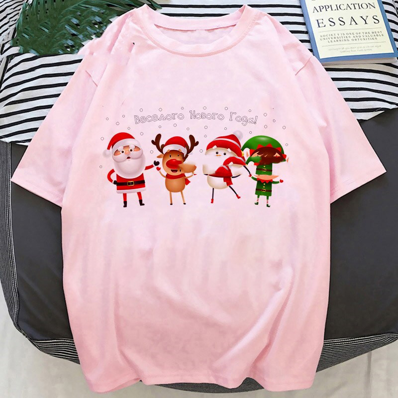 Cartoon Santa Christmas Deer Print T Shirt