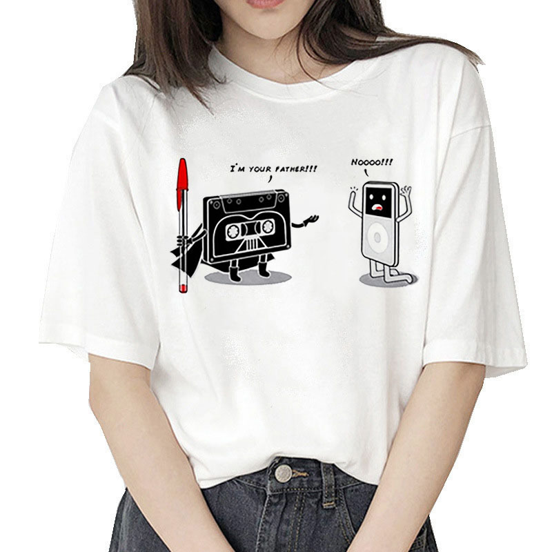 Tape MP3 Printed Short Sleeve Ladies White T-shirt