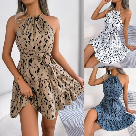 Casual Leopard Print Ruffled Swing Dress Summer Fashion Beach
