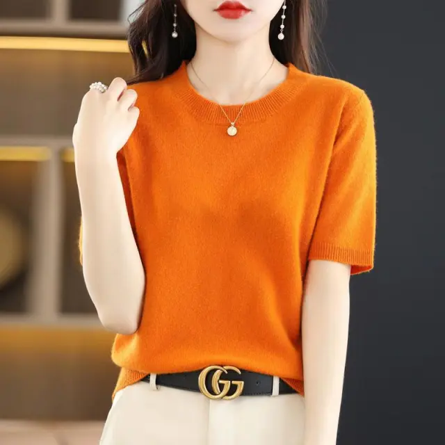 Knitted Short sleeved Loose T shirt Inner Sweater Pumpkin Color L - Shop at LoveMi