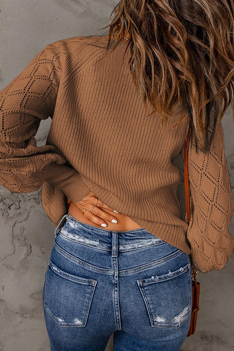 Title 17, Solid Color Rhombus Puff Sleeve Knitted Sweater...