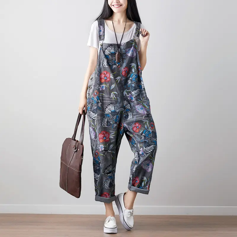 Printed Frayed Women's Plus Size Washed Denim Overalls