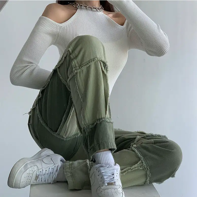 Stitching Contrast Color High Waist Straight Jeans Trendy Women