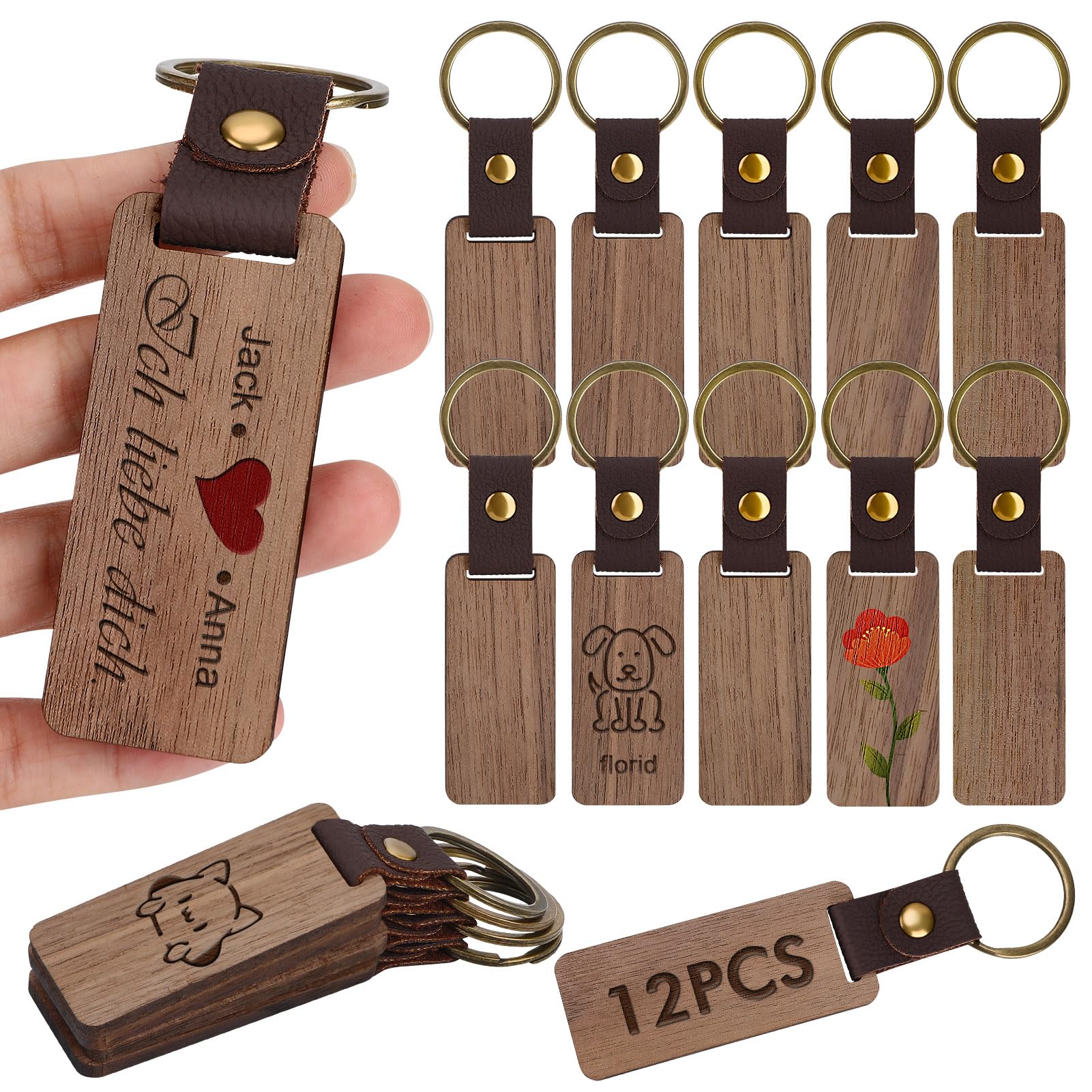 Pack Of 12 Wooden Key Chains Rectangular Fob Made Of Wood And Leather Blanks — image 3