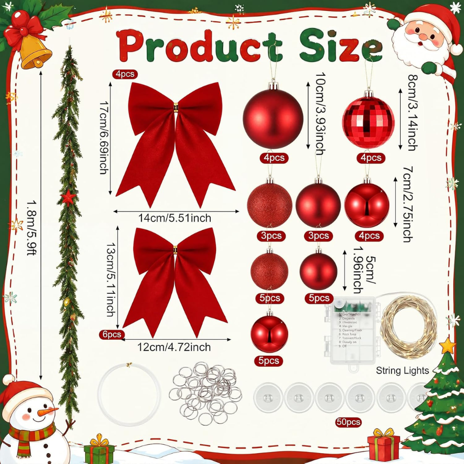 161 Pcs Christmas Hallway Ceiling Decor Kit, LED Lights Garland Includes Red Baubles, Bows, Army Green Garland, Warm White Leds With Hooks, Xmas 3