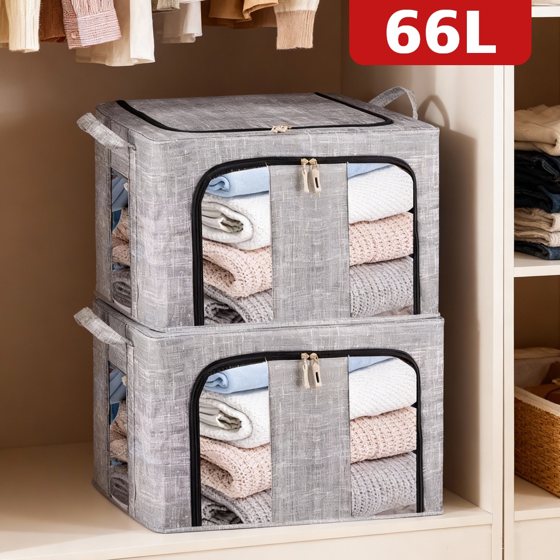 2Pcs 66L Folding Storage Box Made Of Thick Fabric Steel Frame Wardrobe Organizer