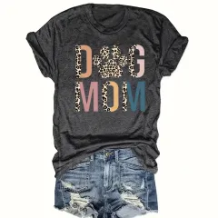 Women's 'DOG MOM' Leopard Print T-Shirt - Comfortable Crewneck Tee For Dog Lovers - Grey - View 1