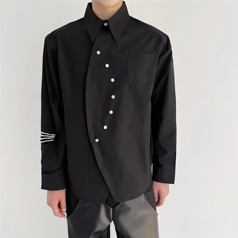 Dark Casual Shirt With Irregular Diagonal Buttons