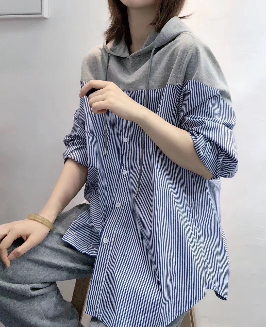 Title 4, All-match loose hooded stitching striped shirt,...