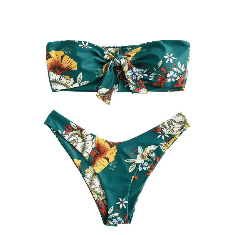 Sexy Printed Ladies Bikini Split Swimsuit - Green