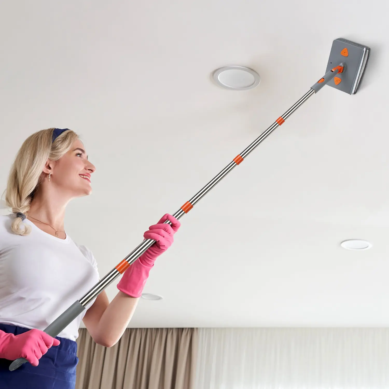 1Set 2 In 1 Baseboard Cleaner Mop Wall Cleaner Mop With Squeegee Extendable Long Handle 8 Reusable Fiber Flannel Chenille Mop Pads 360 Rotatable Convex Design B