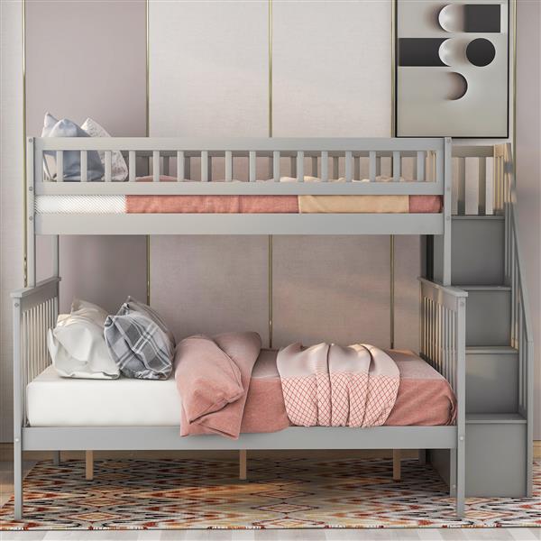 Twin Over Full Stairway Bunk Bed With Storage, Gray_voghion.com