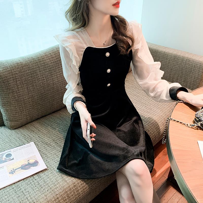 Chiffon Panel Velvet Dress For Women